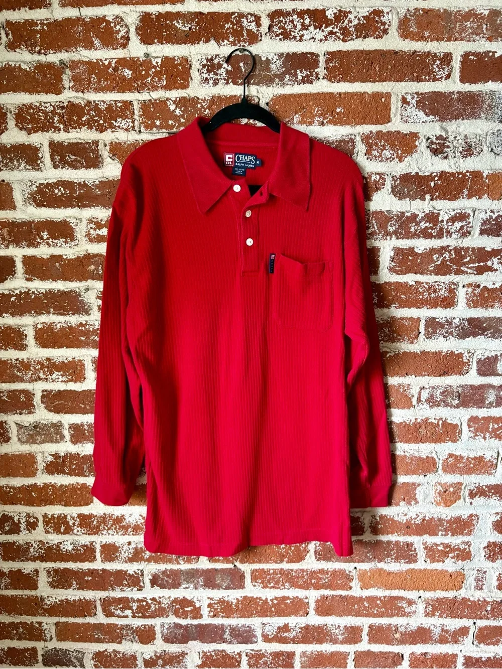 90s Vintage Chaps Ralph Lauren Red Long Sleeve Henley / Polo